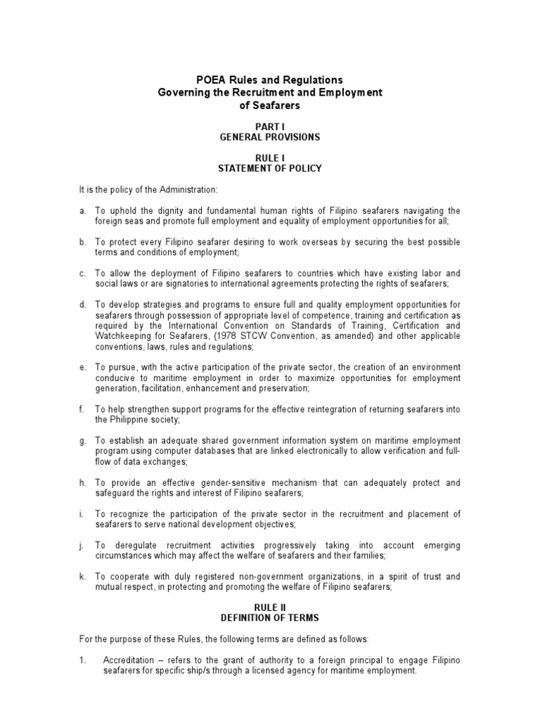 POEA Rules On Seafarers PDF | PDF