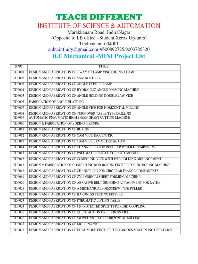 Mini Project List for Mechanical Engineering Students at the Institute ...