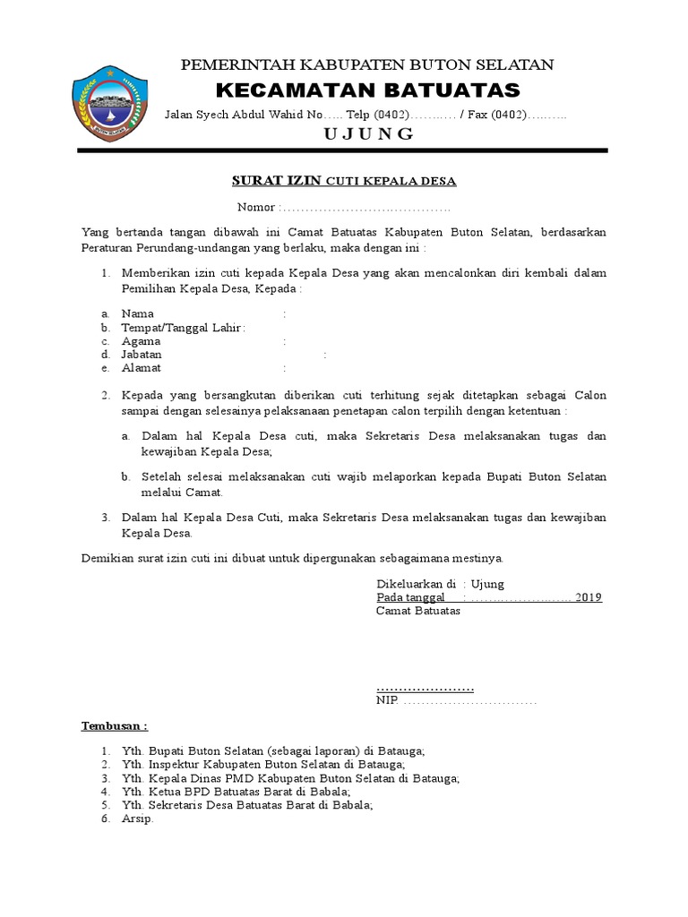 Surat Izin Cuti Kepala Desa Yang Akan Mencalonkan Diri Kembali Dari Camat Format Administrasi Desa Blogspot