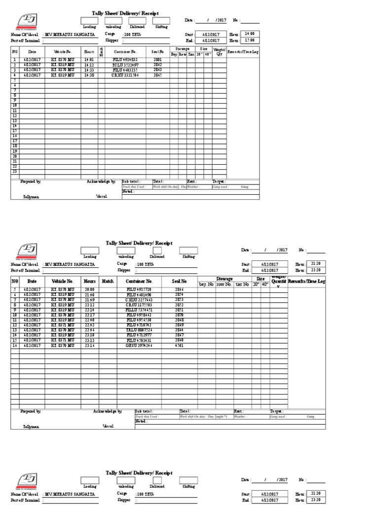 Tally Sheet/ Delivery/ Receipt: Loading Unloading Delivered Shifting