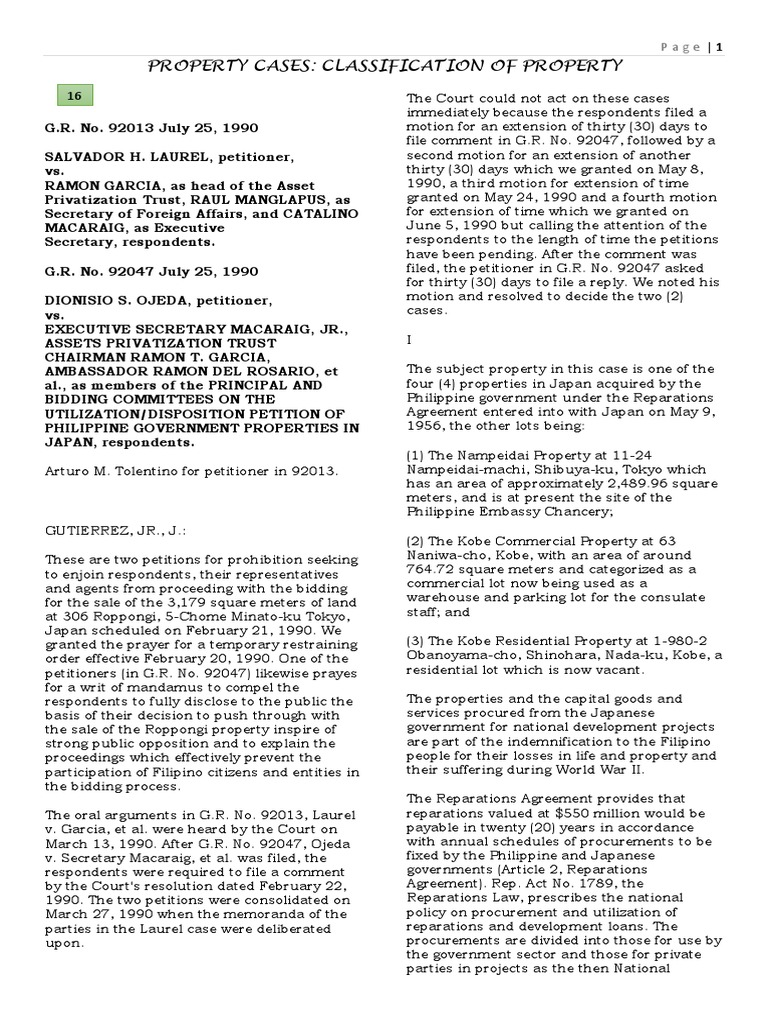 Cases Classification of Property PDF President Of The Philippines