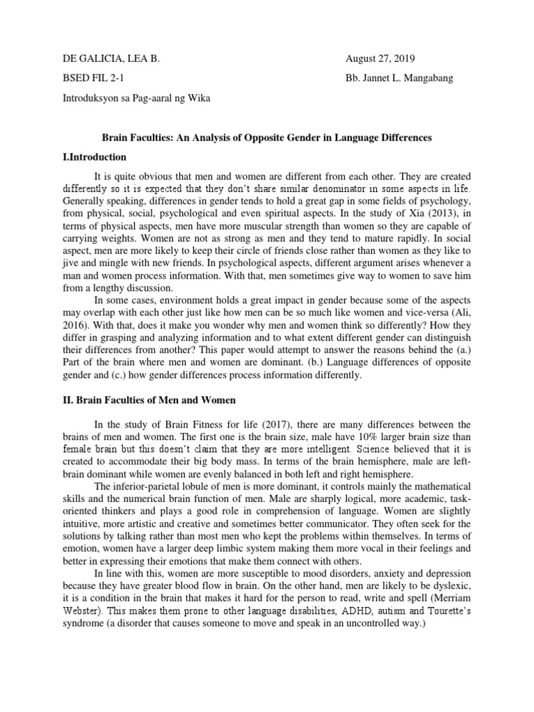An Analysis In Opposite Gender In Language Differences PDF Gender
