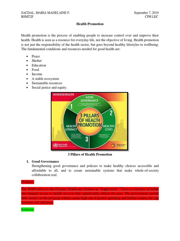3 Pillars of Health Promotion Health Promotion Sustainability