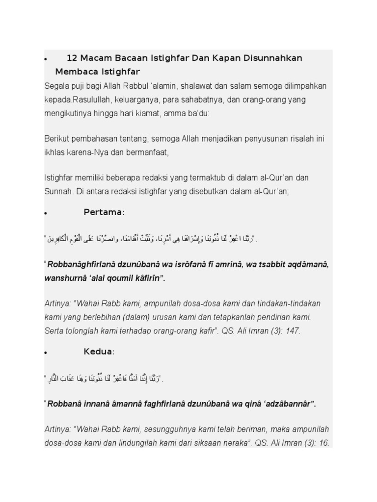12 Macam Bacaan Istighfar Dan Kapan Disunnahkan Membaca Istighfar Pdf