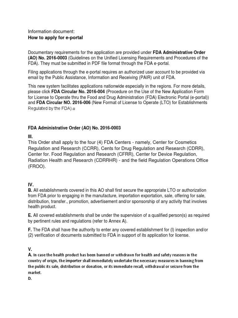 FDA E-Portal Application Guide | PDF | Food And Drug Administration ...