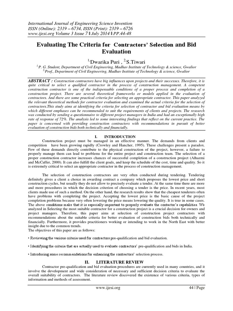 Contractor Selection Criteria Evaluation | PDF | Construction ...