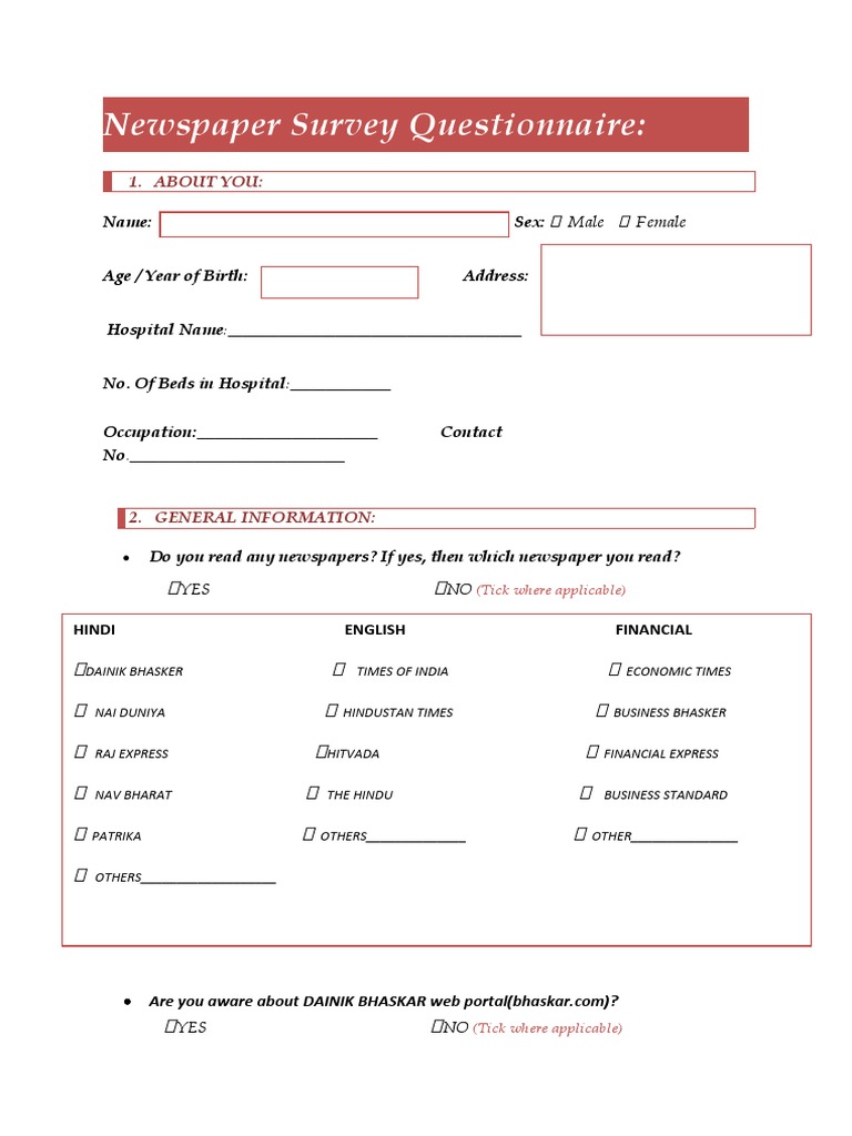 Newspaper Survey Questionnaire Template | PDF | Newspapers | Mass Media