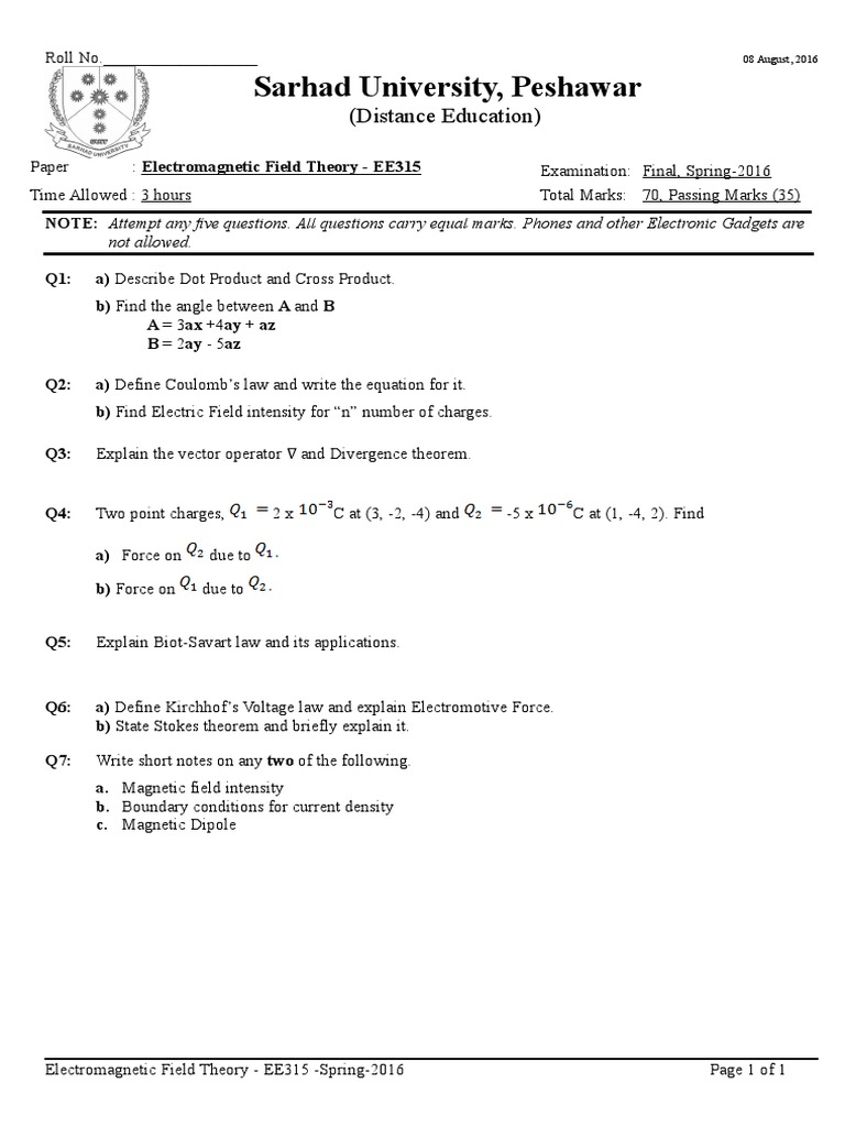 Electromagnetic Theory Exam | PDF | Field (Physics) | Magnetic Field