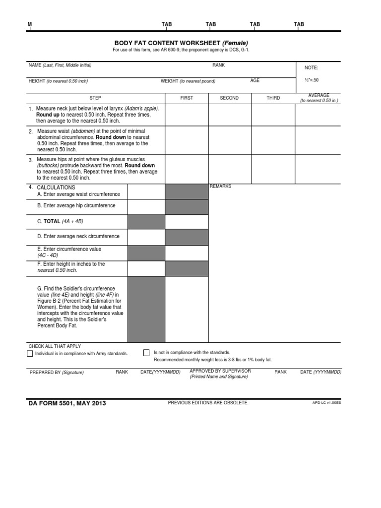 Da 5501 body fat content worksheet female pdf waist adipose