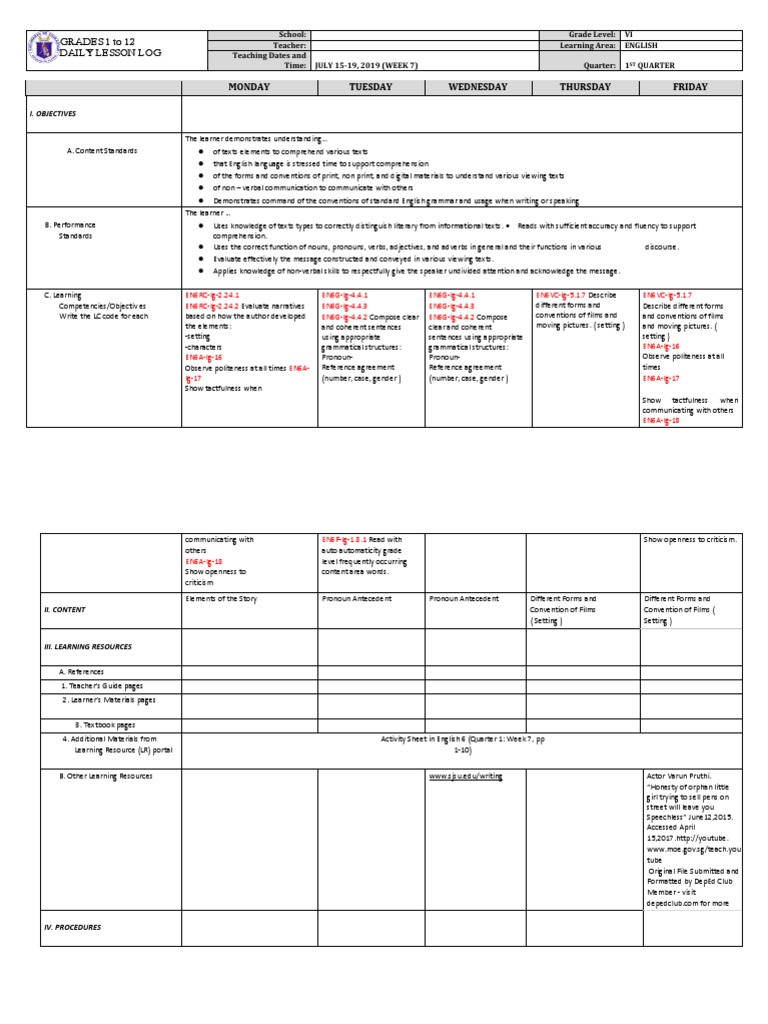 Weekly English Lesson Plan for Grade VI | PDF | English Grammar ...
