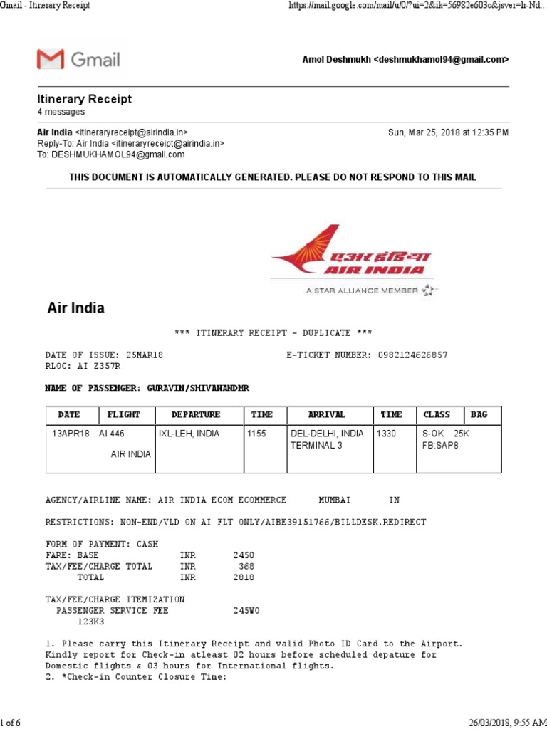Air India Itinerary Receipt Baggage Airlines