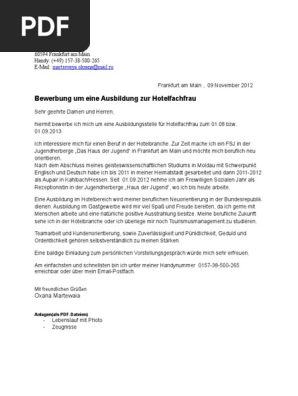 Bewerbung Um Eine Ausbildung Zur Hotelfachfrau Martsevaya Oksana Mail Ru