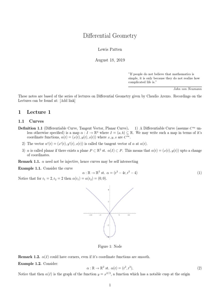 Differential Geometry Lecture Notes | PDF | Curve | Differentiable Manifold