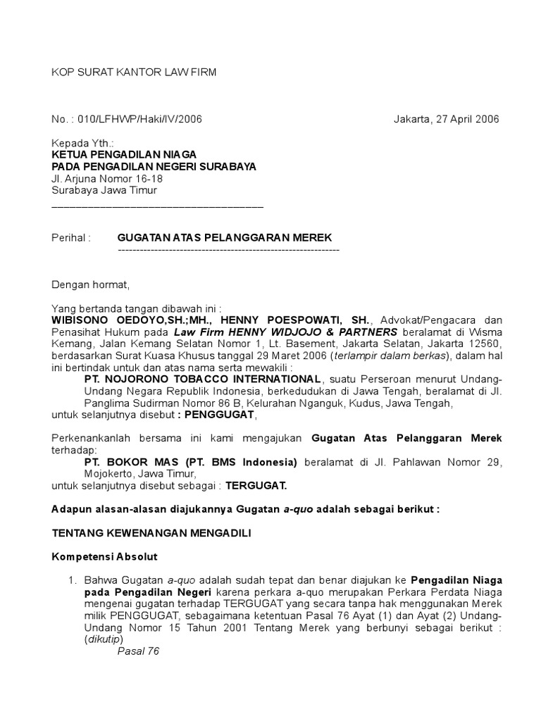 Contoh Surat Gugatan Bidang Haki