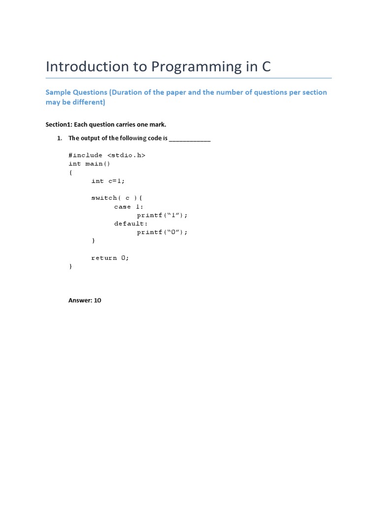 Introduction to C Programming Sample Questions | PDF | Theoretical ...