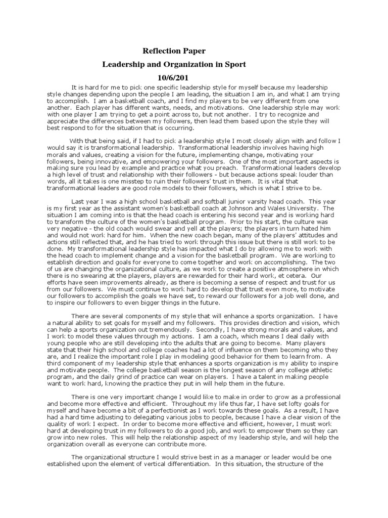 Reflection Paper Leadership and Organization in Sport 10/6/201 PDF Transformational