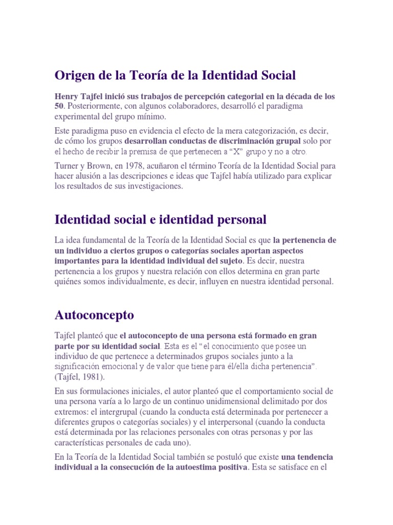 Origen de la Teoría de la Identidad Social | PDF | Comportamiento ...