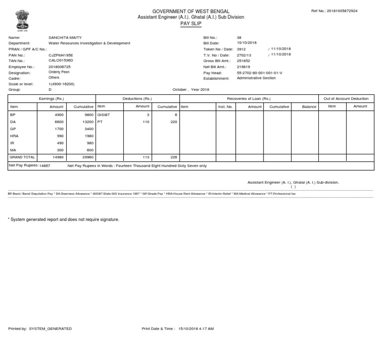 Assistant Engineer (A.I.) - Ghatal (A.I.) Sub Division Pay Slip ...