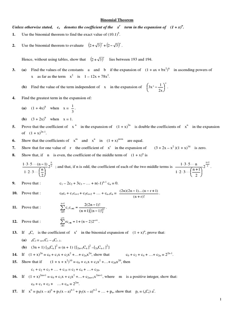 Binomial Theorem Exercises and Problems | PDF | Rational Number ...