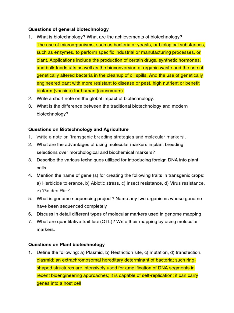 Questions of General Biotechnology With Answer PDF Plasmid
