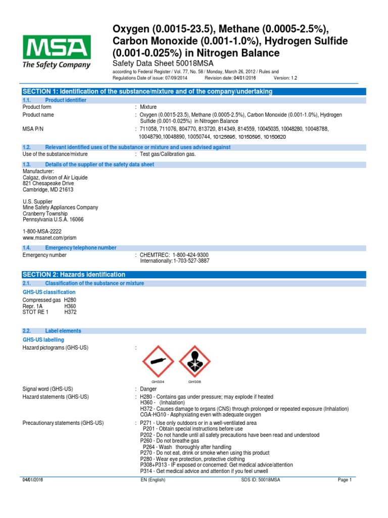 MSA SDS Calibration Check Gas PDF Firefighting Toxicity