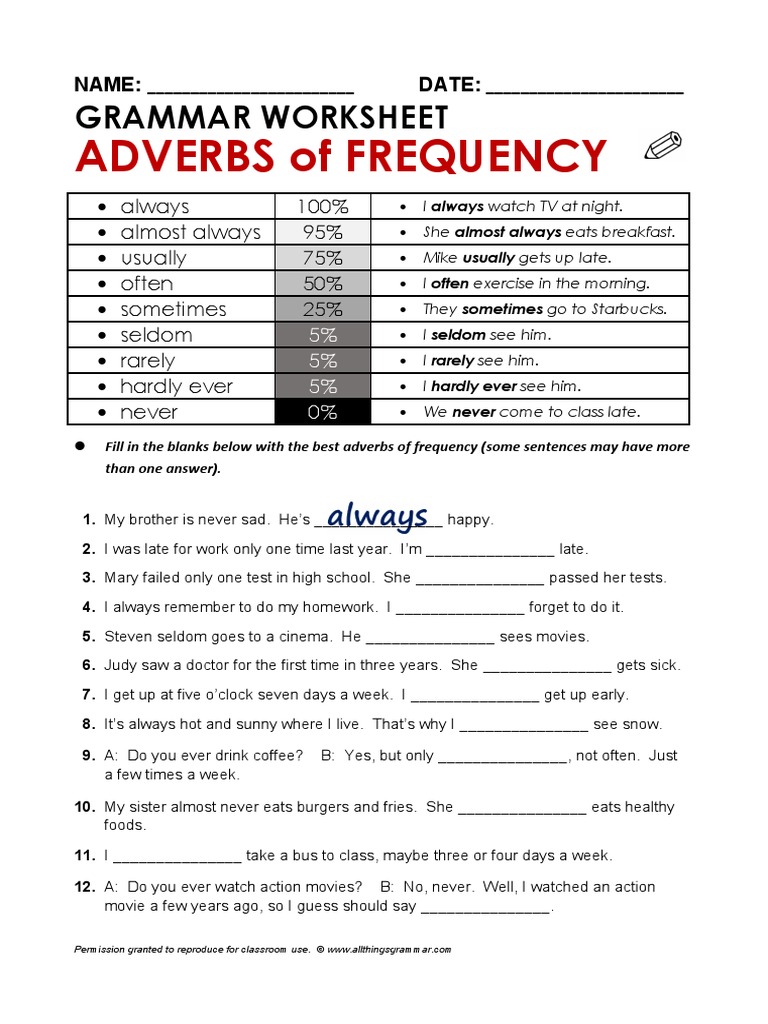 Adverbs of Frequency 4 (Print) PDF | PDF