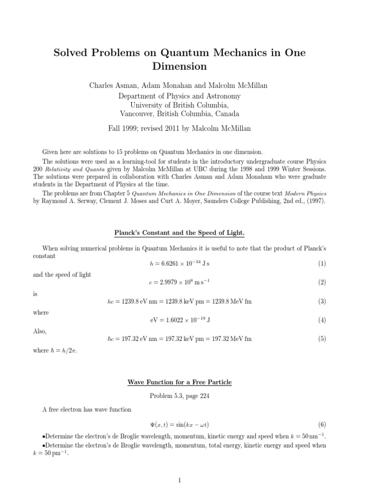 Solved Problems On Quantum Mechanics in One Dimension | PDF | Teaching ...
