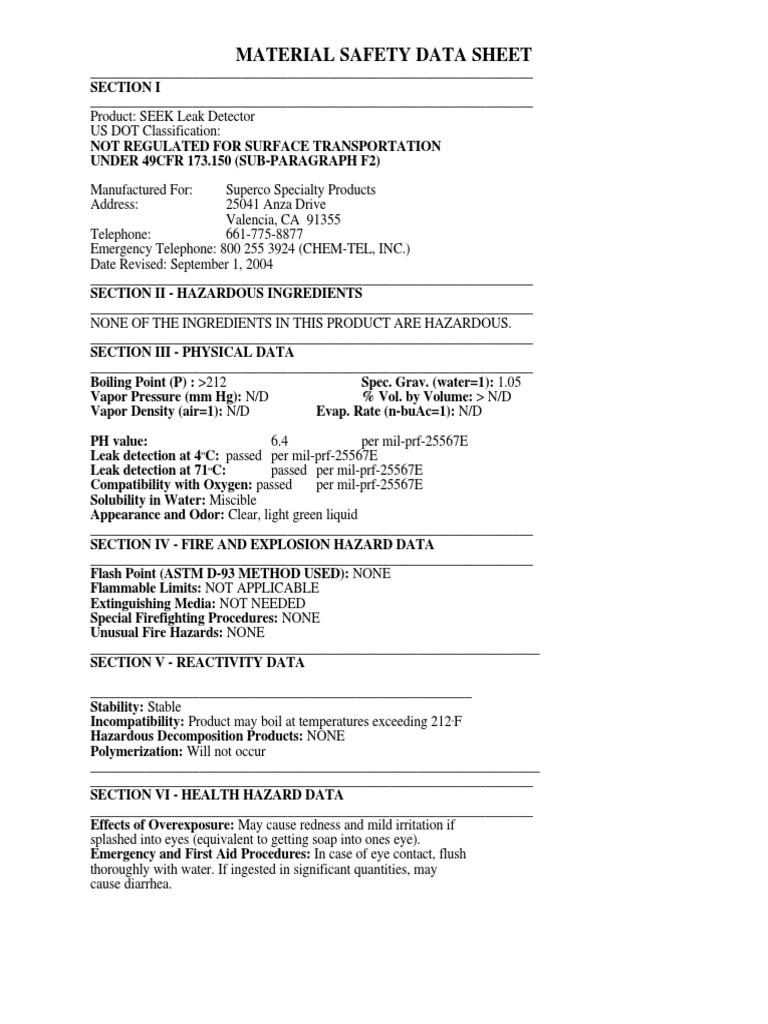 Msds Leak Detector PDF Hazardous Waste Pollution