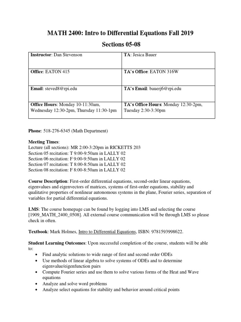 RPI Differential Equations Course Guide | PDF | Differential Equations ...