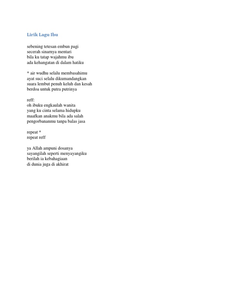 Lirik Lagu Ibu yang Mengharukan | PDF