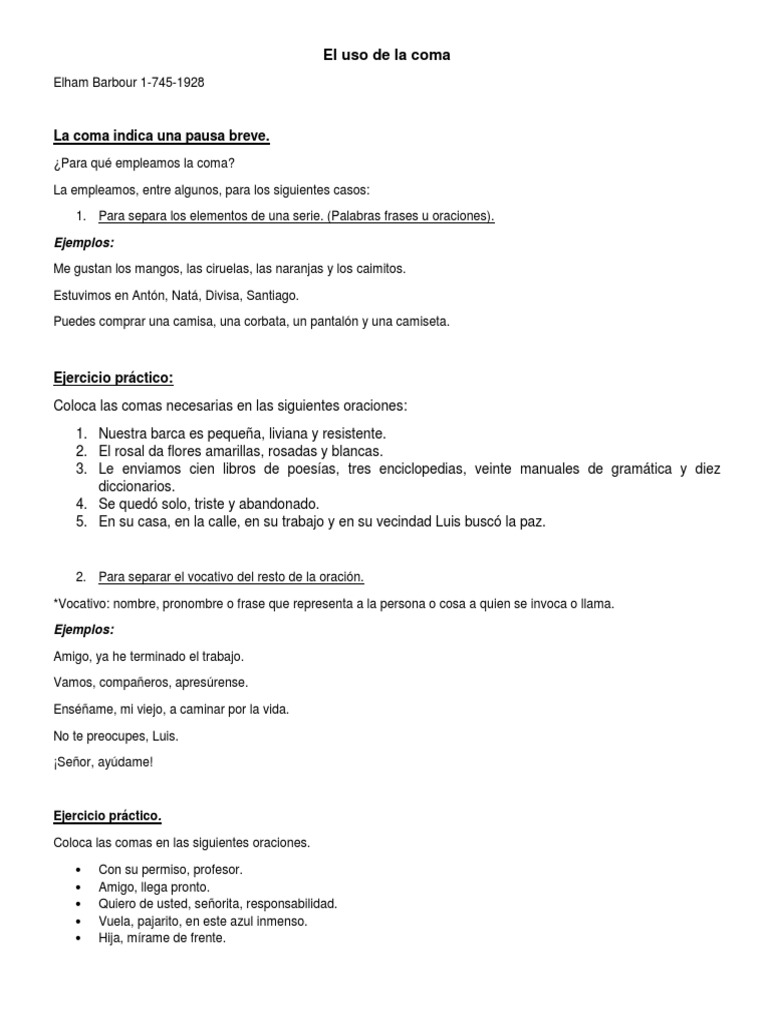 Ejercicios sobre el uso de la coma | PDF | Oración | Gramática