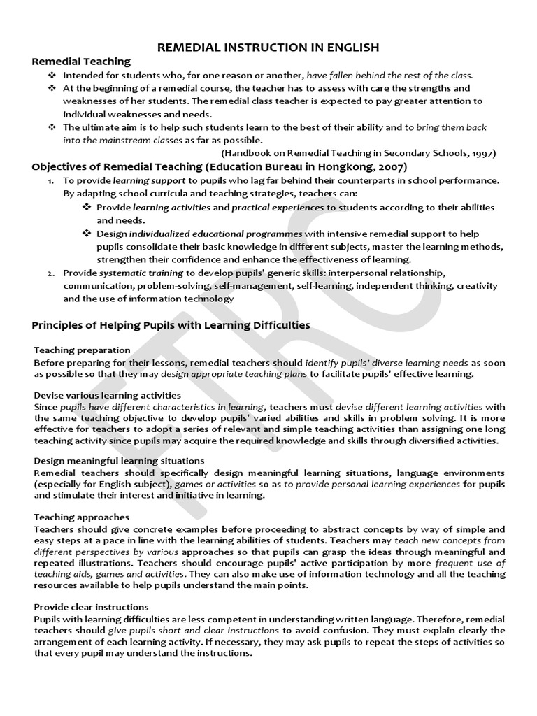Objectives of Remedial Instruction in English | PDF | Learning | Teachers