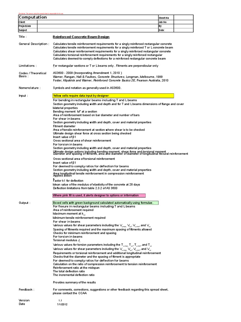 Reinforced Concrete Beam Design Sheet | PDF | Beam (Structure) | Bending