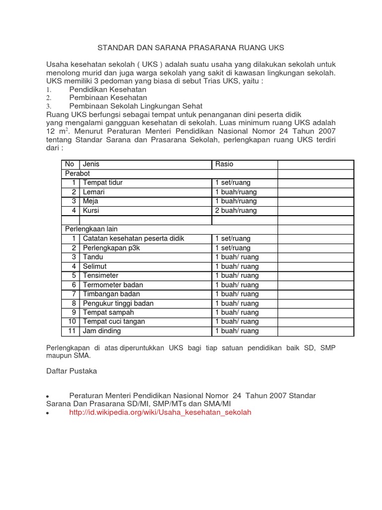 Standar Dan Sarana Prasarana Ruang Uks Pdf