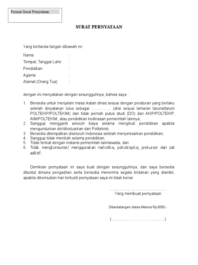 Format Surat Pernyataan 6 Poin | PDF