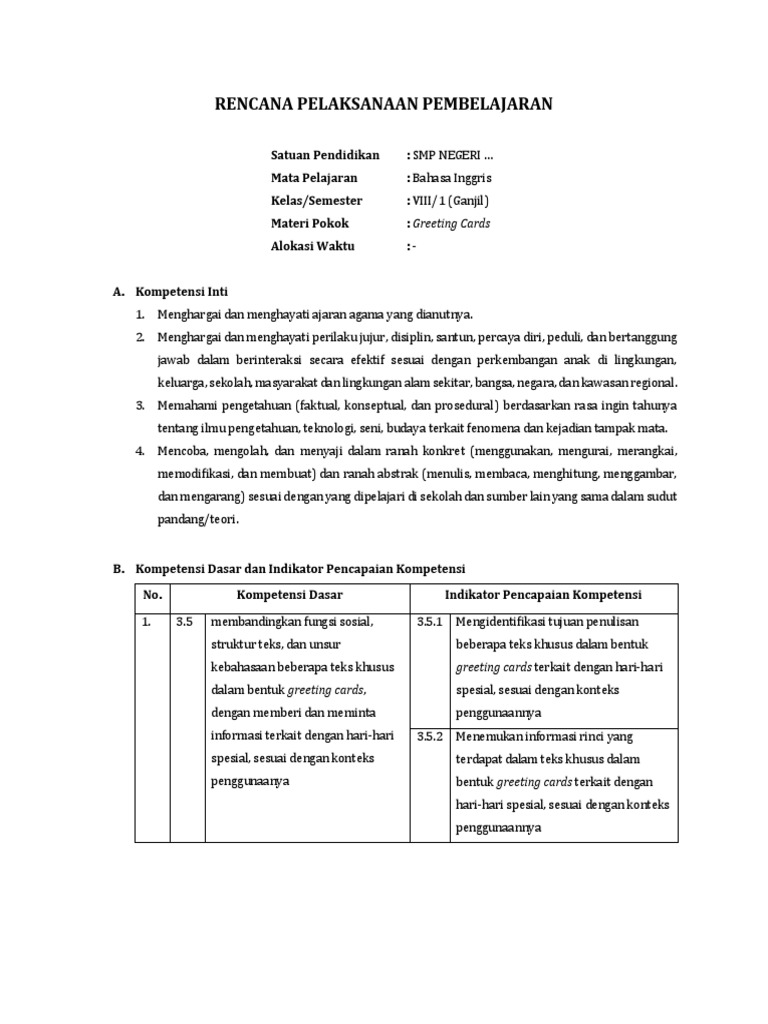 Rpp Bahasa Inggris Smp Kelas 8 Kd 3 5 Dan 4 5