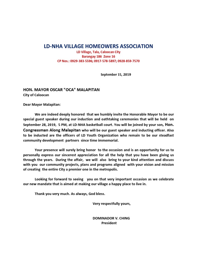 Invitation to Mayor Oca Malapitan's Induction | PDF