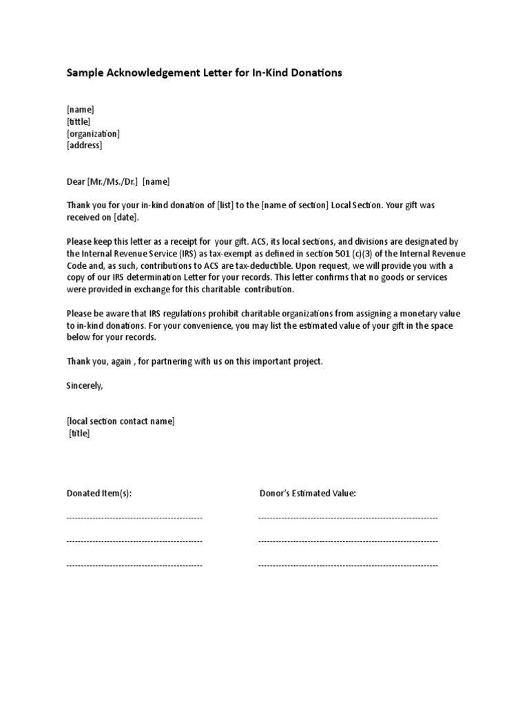 In kind donation letter