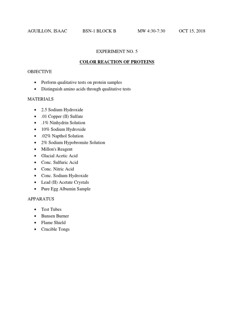 Color Reactions of Proteins Lab Report | PDF | Proteins | Amino Acid