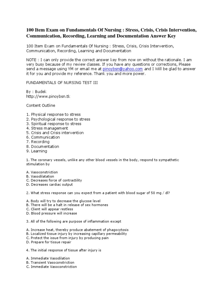 Nursing Exam: Stress & Crisis Management | PDF | Pulse | White Blood Cell