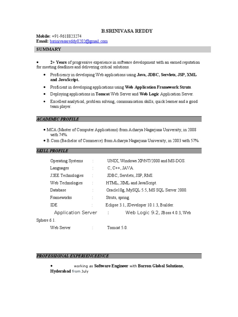 Software Engineer Resume - B. Srinivasa Reddy | PDF | Application ...