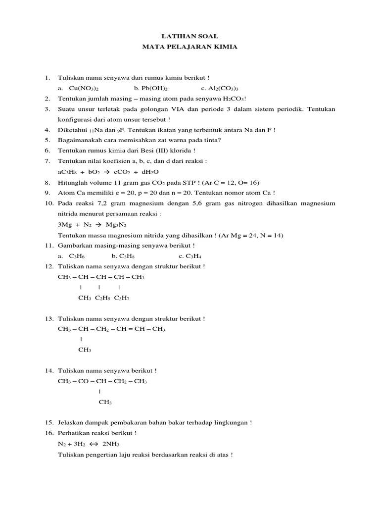 Latihan Soal Mata Pelajaran Kimia