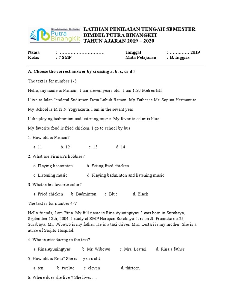 Soal Pts B Inggris Kelas 7 SMP | PDF | Language Arts & Discipline