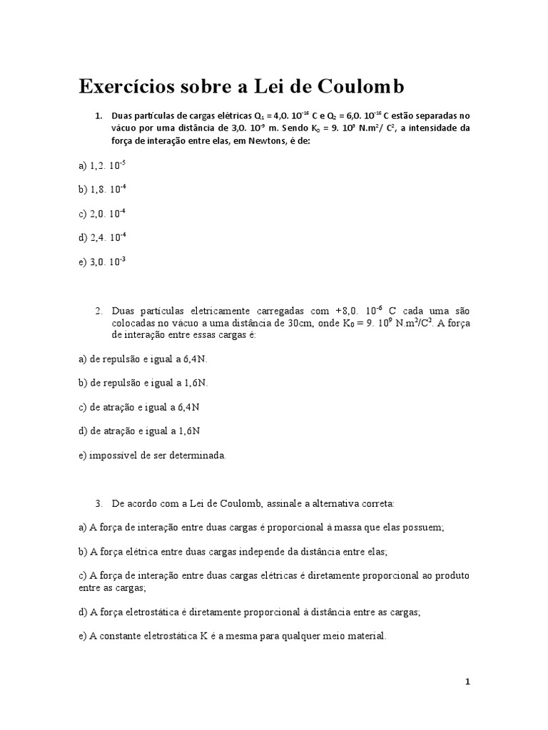 Exercícios Sobre A Lei de Coulomb | PDF | Carga elétrica | Taxas temporais