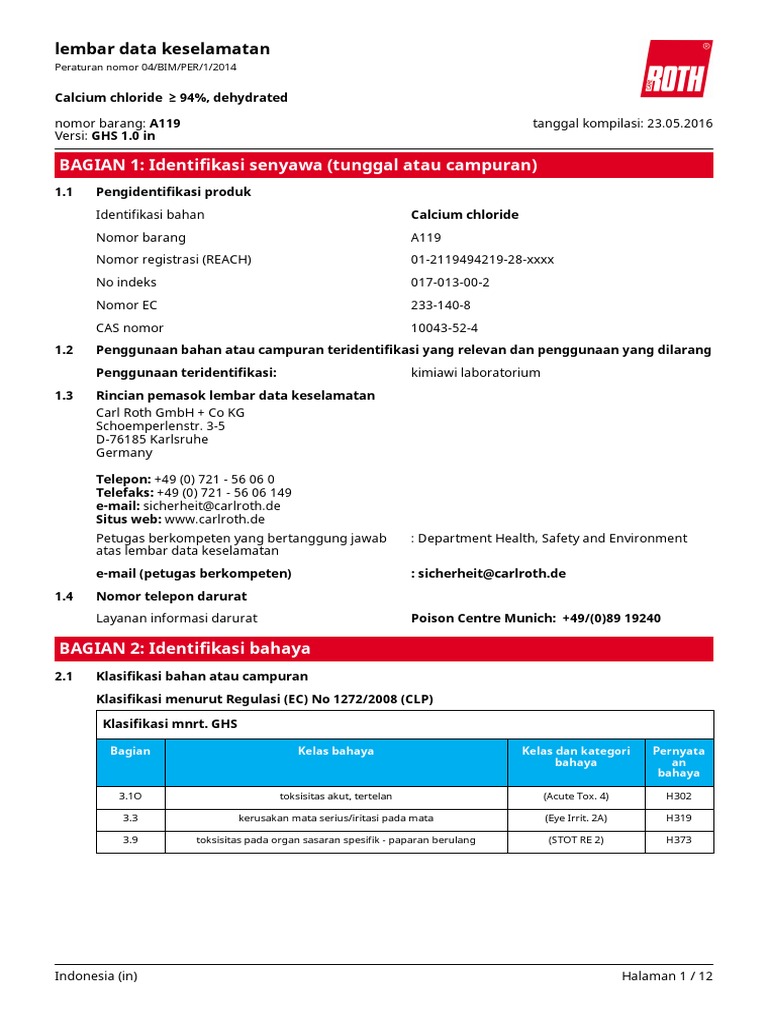 MSDS Kalsium Klorida (CaCl2) | PDF