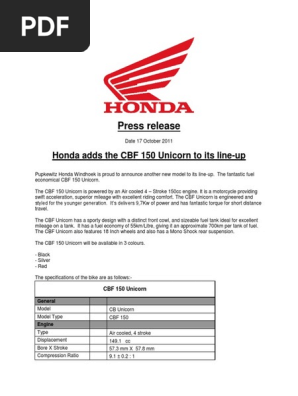 Press Release Honda Adds The Cbf 150 Unicorn To Its Line Up Fuel Economy In Automobiles Motorcycle