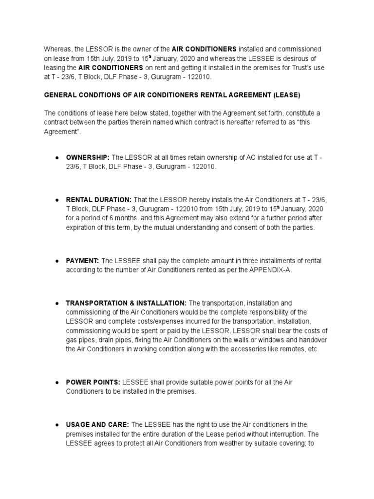 Air Conditioner Rental Agreement | PDF | Lease | Renting