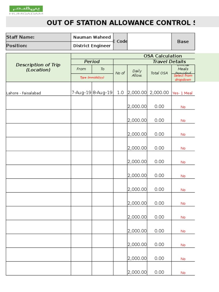Out of Station Allowance Calculation Sheet | PDF | Business