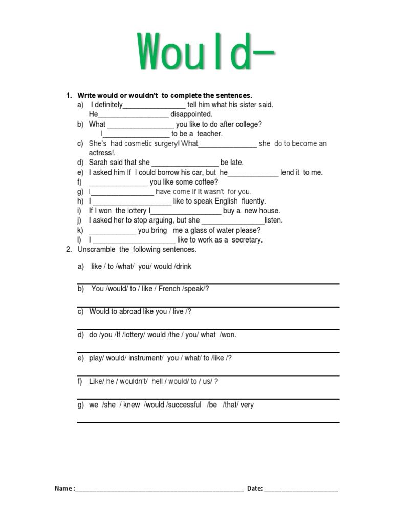 Would and Wouldn't Sentence Exercises | PDF | Language Arts & Discipline