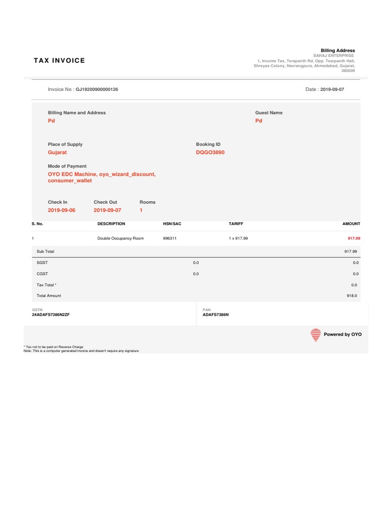 OYO Invoice GJ19200900000126 | PDF | Public Finance | Taxation